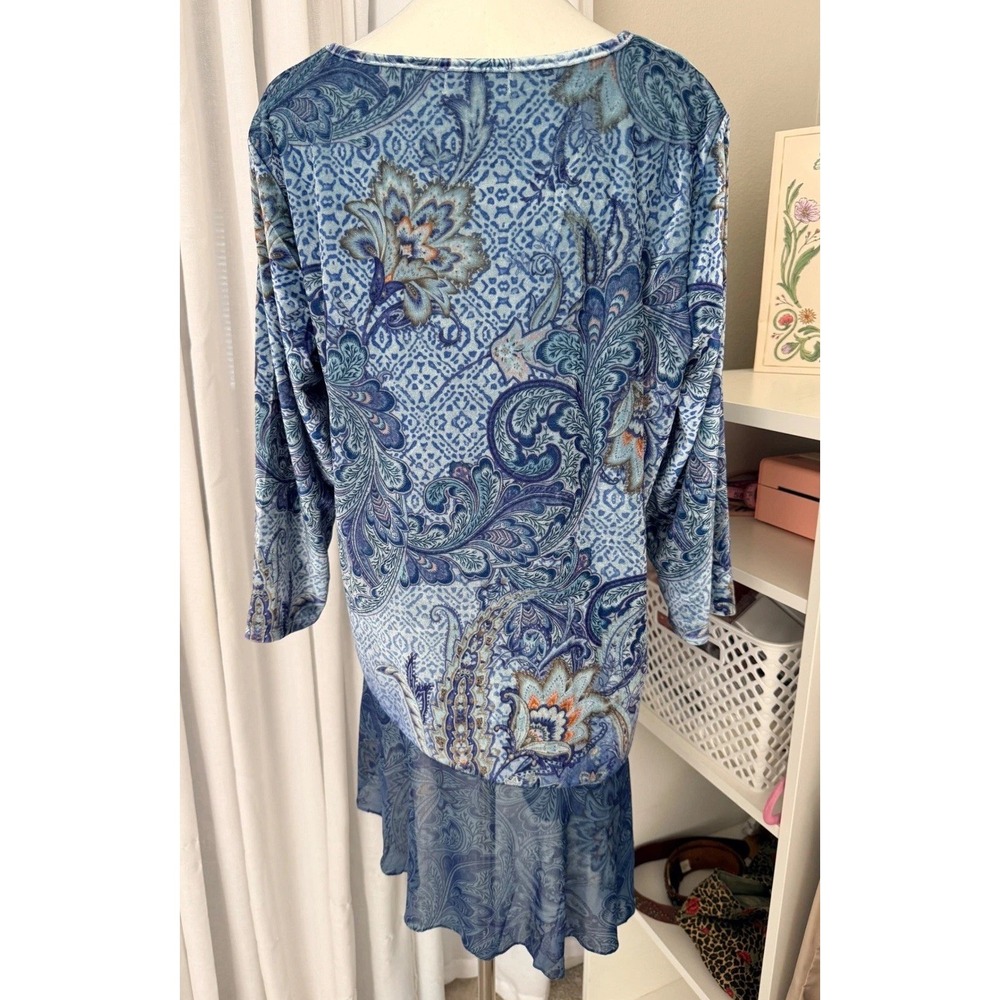One World Blue Paisley Velvet Sheer Embellished Asymmetric Top XL NWT Boho Fairy - Picture 11 of 16